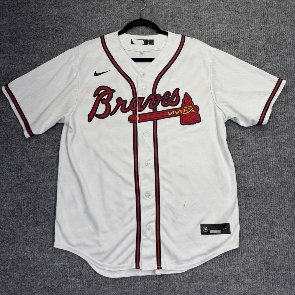 Nike Atlanta Braves MLB Baseball Jersey Mens White Button Front Tomahawk Logo